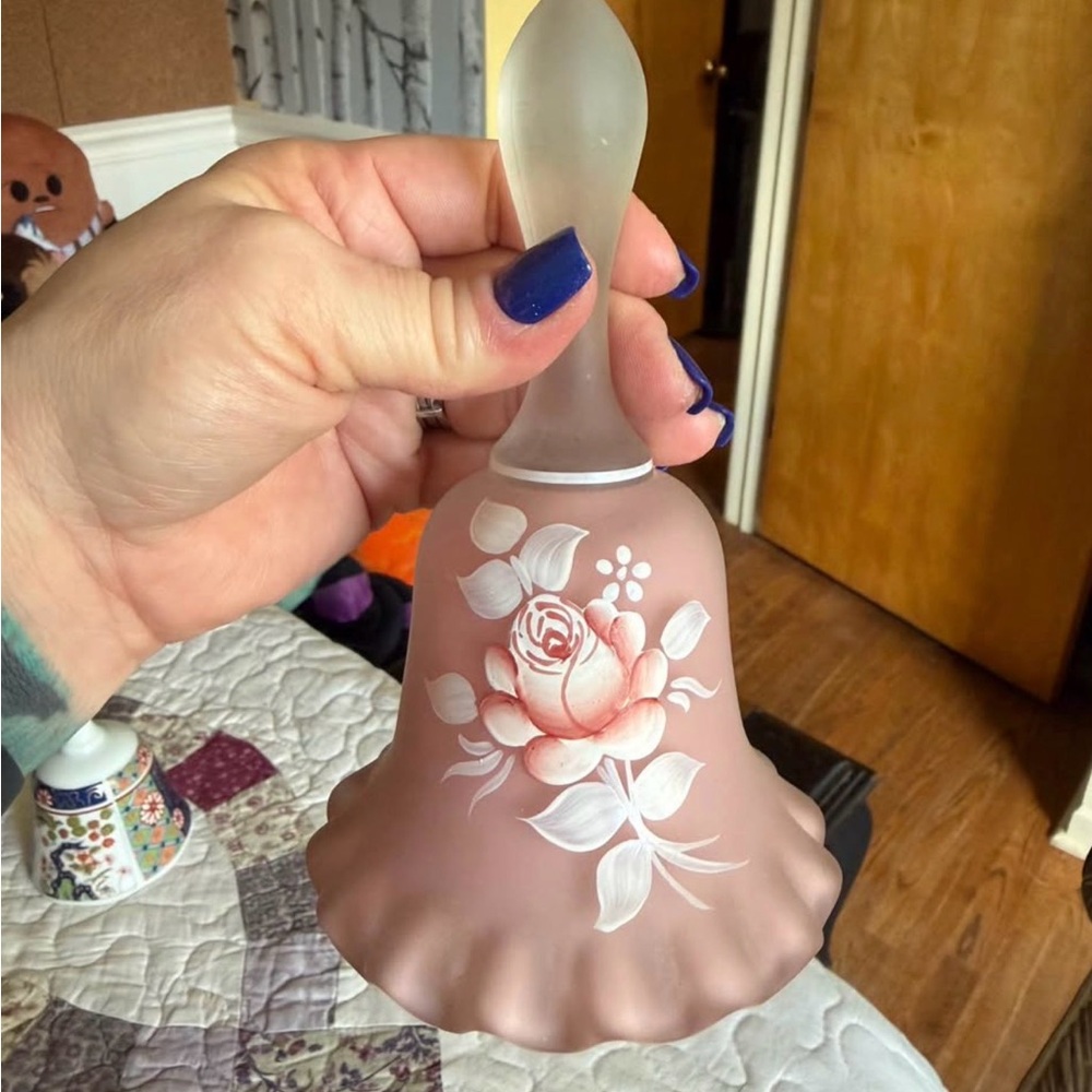 Westmoreland Hand-Painted Frosted Glass Bell with Rose Motif - Pink Signed